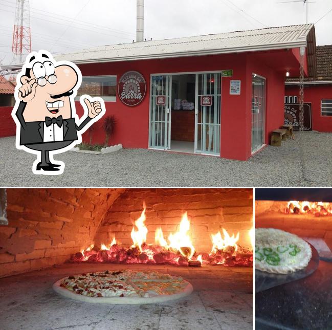 A ilustração a Pizzaria da Barra’s interior e comida