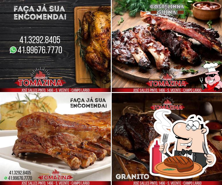 Escolha refeições de carne no Assados Tomazina