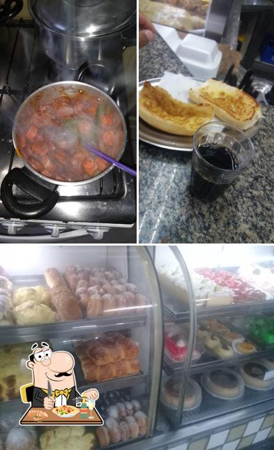 Entre diversos coisas, comida e interior podem ser encontrados no Pães e Doces Esplendor Monte Belo