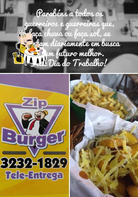 Dê uma olhada a ilustração apresentando comida e quadro-negro no Zip Burger Lanches