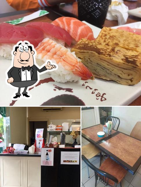 Among different things one can find interior and sushi at Midori Japanese Takeaway