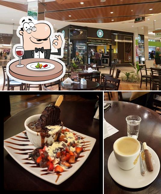 Dê uma olhada a imagem mostrando comida e interior a Chocolateria Brasileira