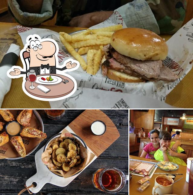 Sonny's BBQ is distinguished by dining table and burger