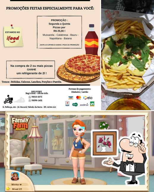 Esta é a ilustração ilustrando interior e comida a Morada da Pizza