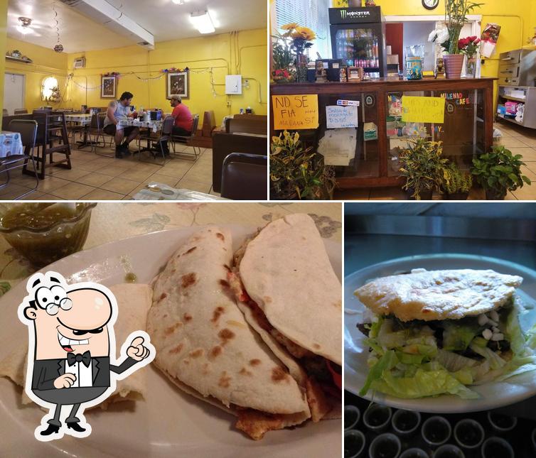 Take a look at the photo depicting interior and food at El Milenio Cafe