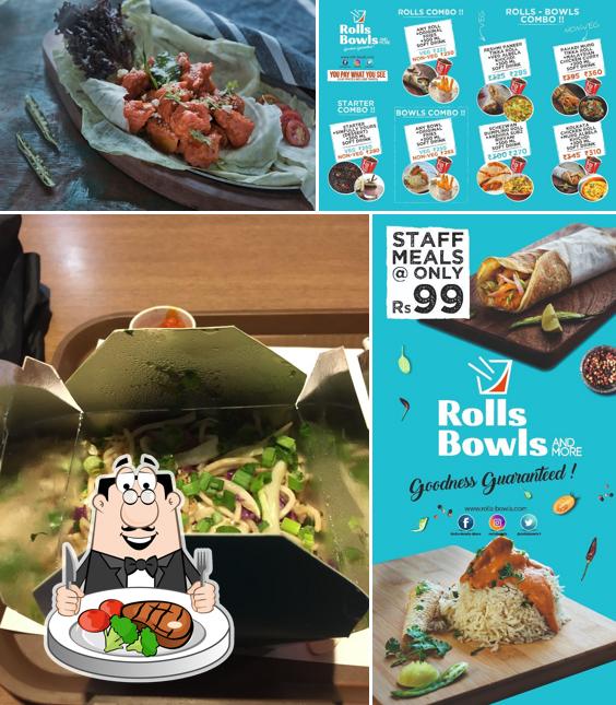 Rolls Bowls & More serves meat dishes