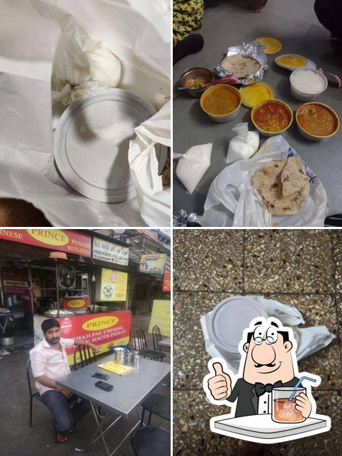 Among different things one can find drink and dining table at Prince Bhaji Pav
