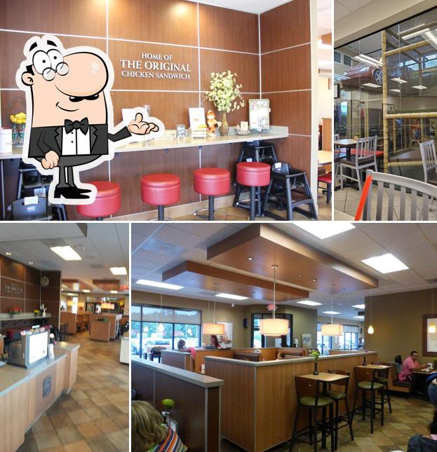 Among different things one can find interior and burger at Chick-fil-A