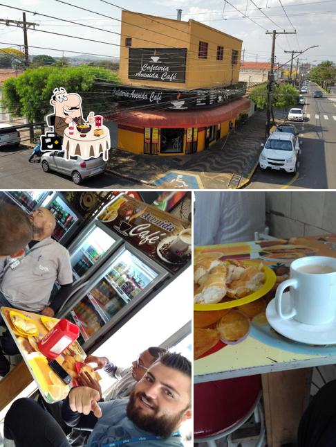 Dê uma olhada a ilustração mostrando comida e exterior no Cafeteria Avenida Café