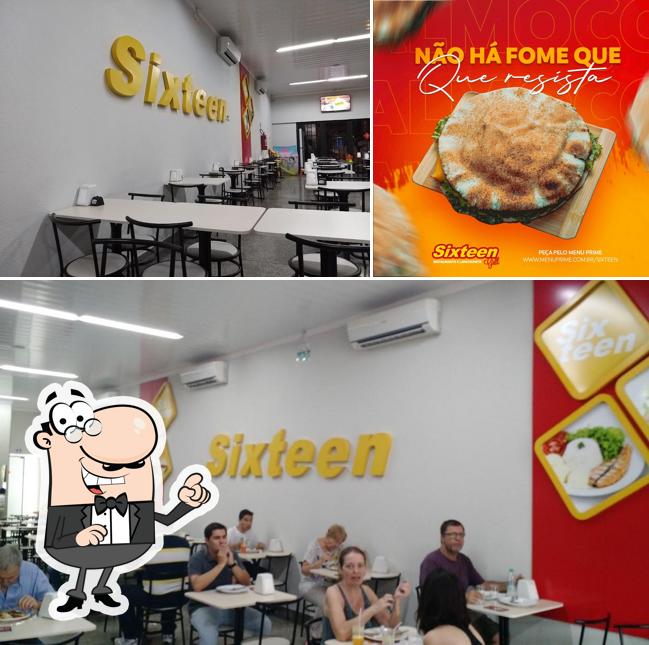 Esta é a ilustração mostrando interior e comida no Sixteen Grill