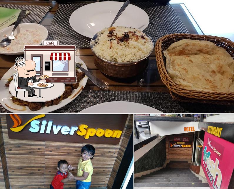 Check out the picture showing exterior and food at Silver Spoon