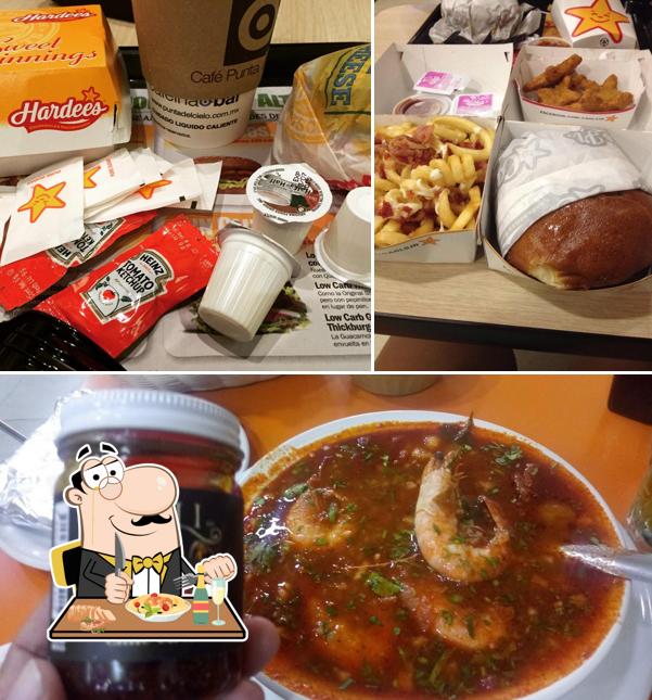 The photo of food and beer at Carl's Jr