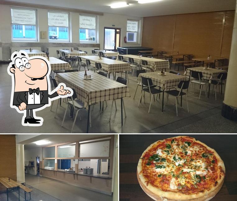 Check out the image displaying interior and pizza at Jídelna IPPE