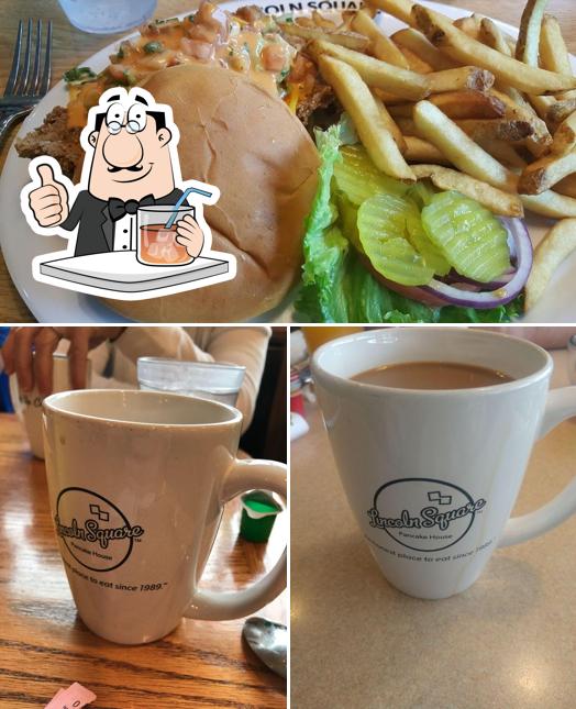 Among different things one can find drink and burger at Lincoln Square Pancake House