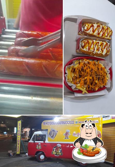 Confira a ilustração mostrando comida e exterior no Hot dog food truck