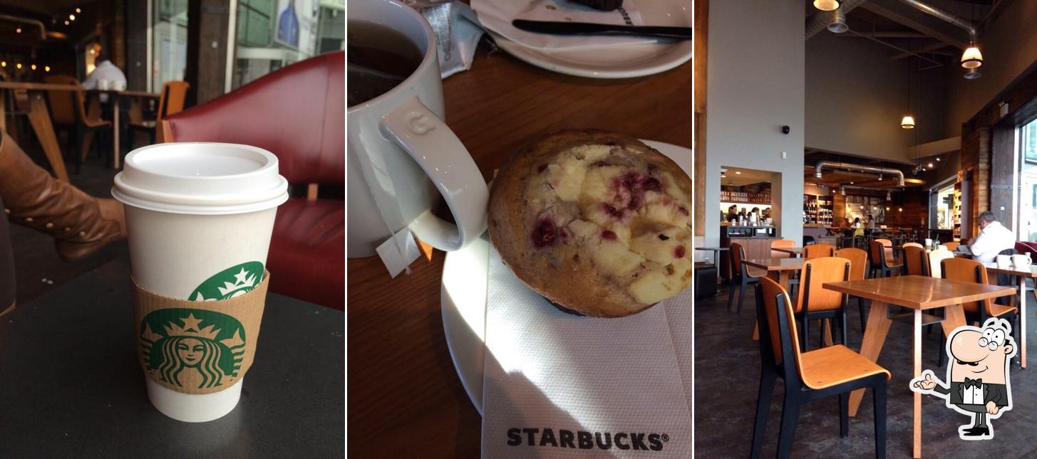 Take a seat at one of the tables at Starbucks