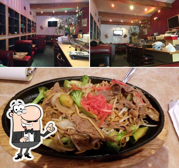 Take a look at the picture showing interior and food at Sun Sushi