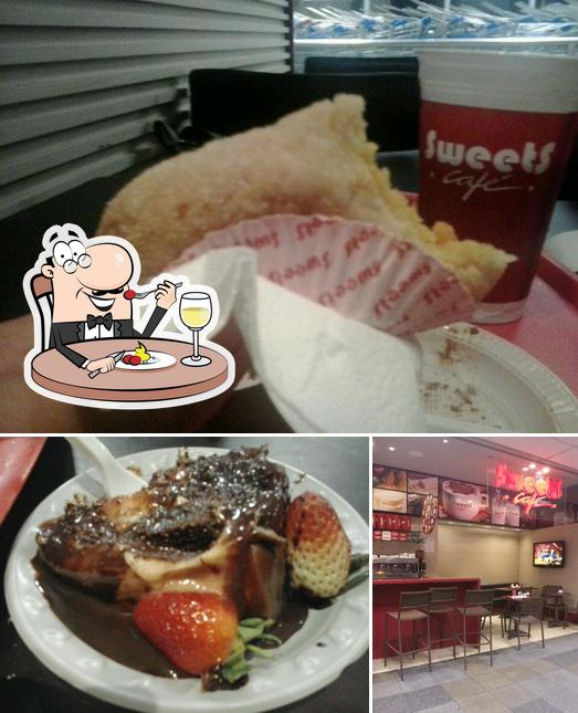 Confira a imagem ilustrando comida e interior no Sweets Café