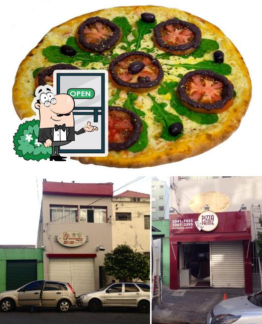 Confira a ilustração mostrando exterior e comida a Pizzaria La Traviatta