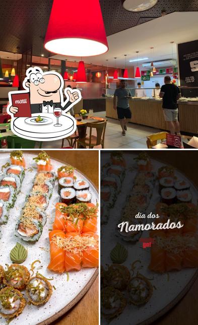 Dê uma olhada a ilustração mostrando comida e interior no SushiGO!