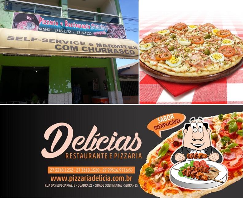 Dê uma olhada a foto mostrando comida e exterior a Pizzaria e Restaurante Delícia