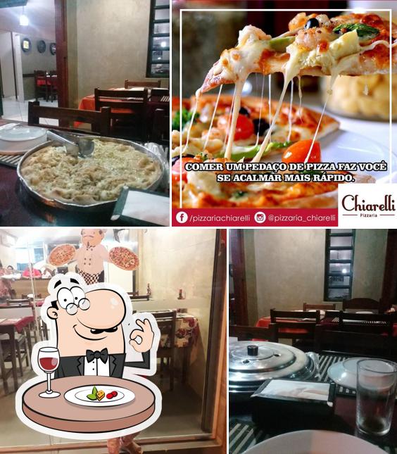 Confira a ilustração mostrando comida e interior no Pizzaria Chiarelli