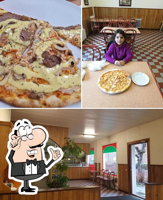 This is the photo depicting interior and pizza at Nols Pizzeria