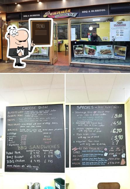Among different things one can find blackboard and burger at Peanuts Smokehouse BBQ & Burritos