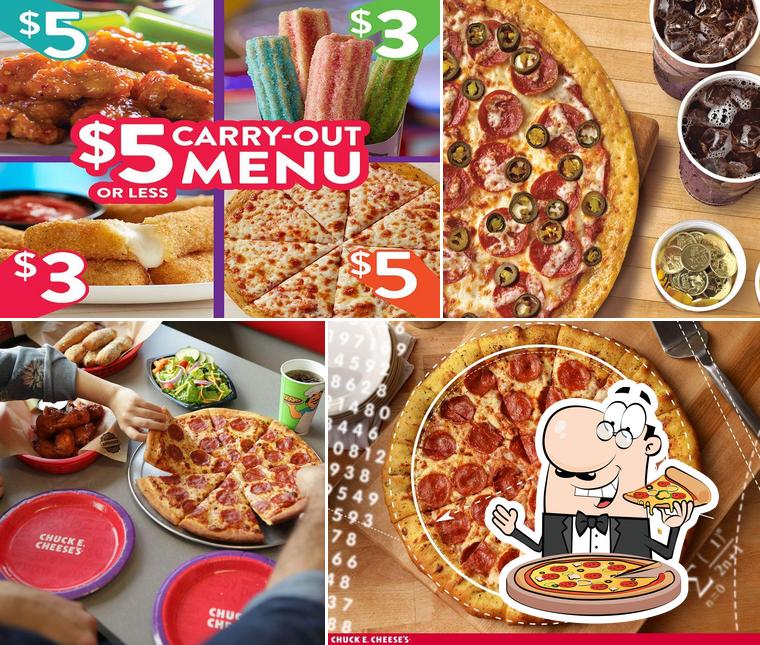 Get pizza at Chuck E. Cheese
