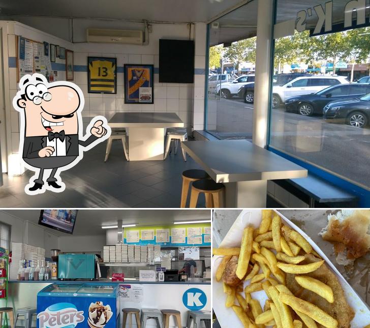 This is the image depicting interior and fries at Captain K Fish & Chips