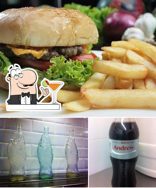 Take a look at the picture depicting drink and burger at Andrew's Fish Bar