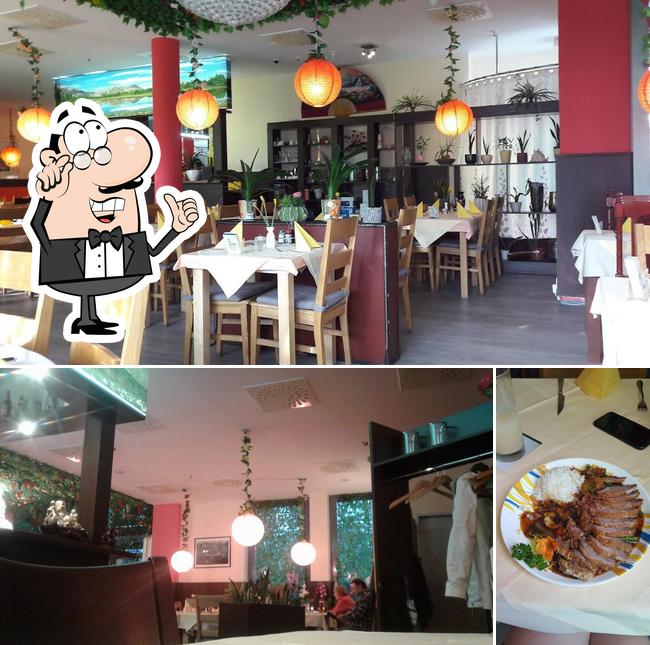 Los interior y comida del restaurante