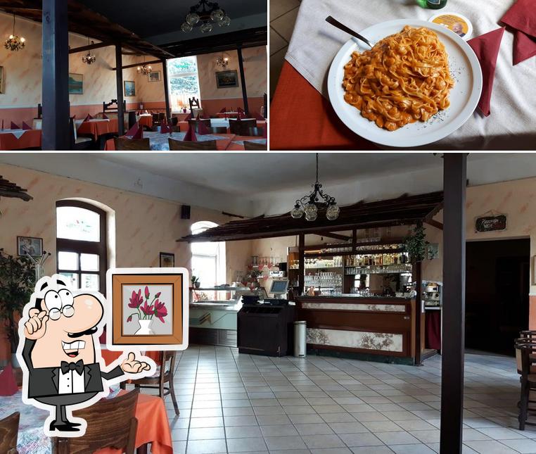 The image of interior and food at La Taverna