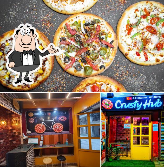 Take a look at the picture displaying interior and pizza at crusty hub