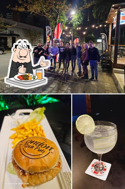 Esta é a imagem mostrando comida e exterior a London Rock Pub: Chopp, Hambúrguer artesanal, Cervejas, Drinks, musica #PaulMcCartney, #thebeatles, #queen em Curitiba