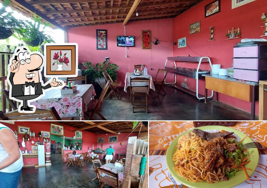 Dê uma olhada a imagem mostrando interior e comida no Restaurante da Jô