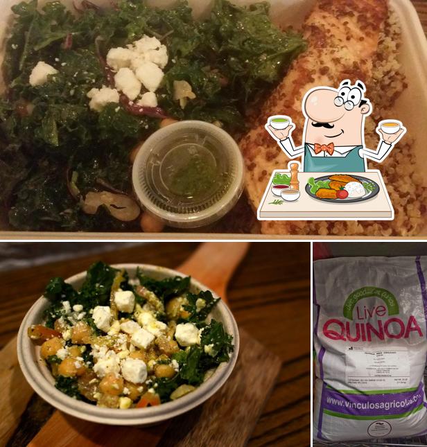 Among different things one can find food and dining table at Quinoa Kitchen