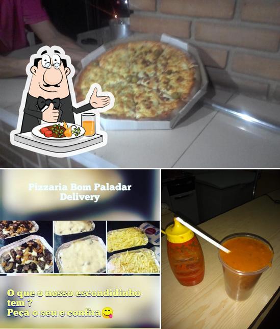 Confira a imagem apresentando comida e bebida no Pizzaria Bom Paladar