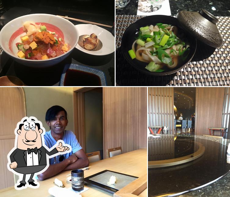 Among different things one can find interior and food at Ginza Iwa Sushi, Sumibi Iwa
