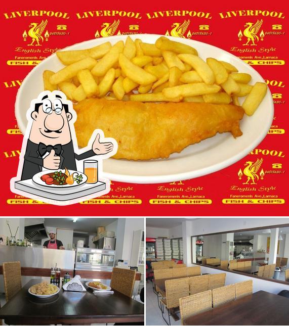 The photo of food and interior at Liverpool fish & chips