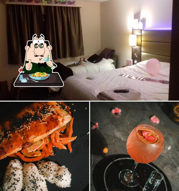 Check out the picture depicting food and interior at Premier Inn Cirencester hotel