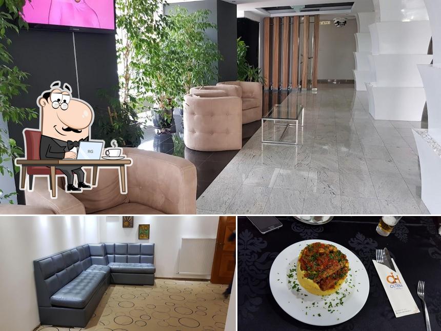 Check out the image displaying interior and food at Hotel Oltenia