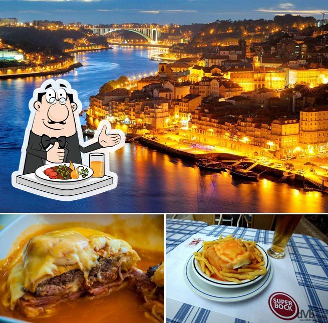 A ilustração da comida e exterior no A Francesinha do Porto