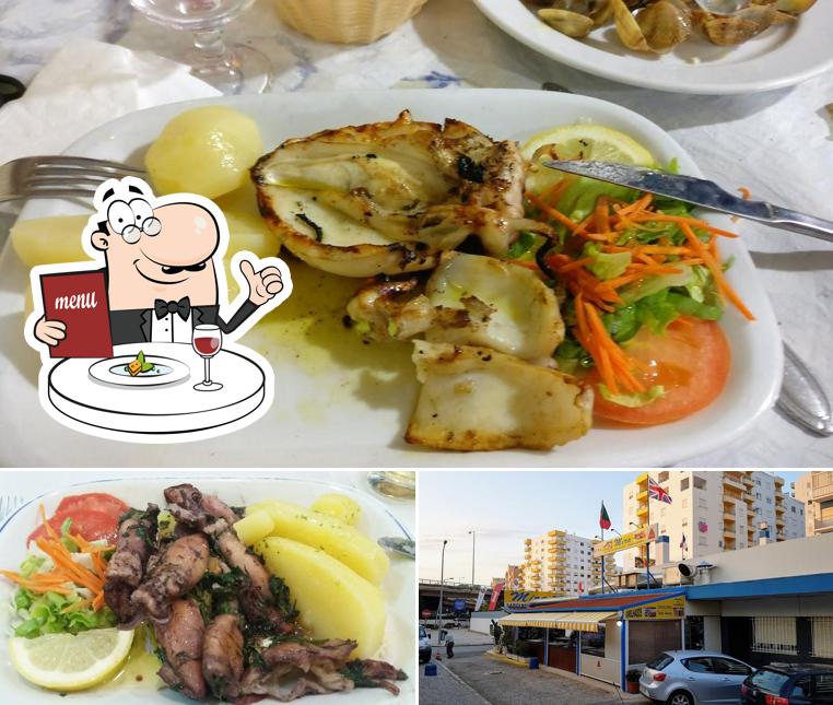 Confira a ilustração ilustrando comida e exterior a Restaurante Mira