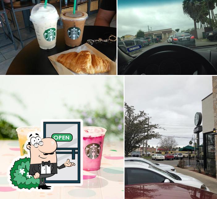 The photo of exterior and drink at Starbucks
