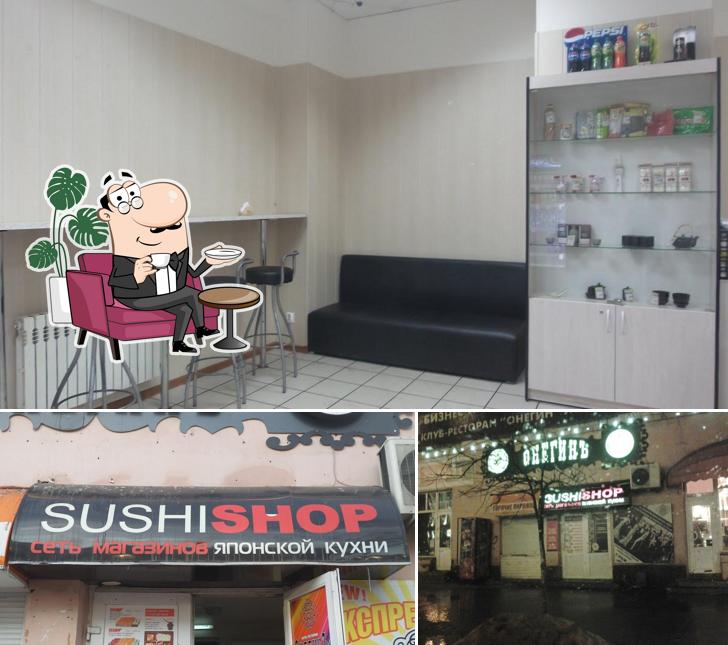 Это снимок, где изображены внутреннее оформление и внешнее оформление в Sushi shop
