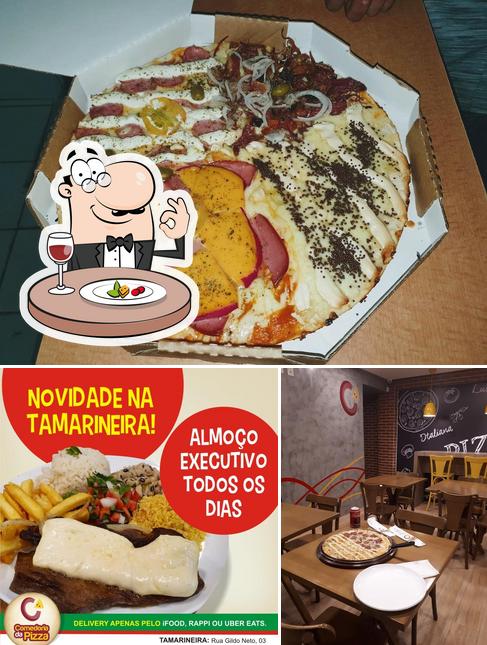 Esta é a ilustração apresentando comida e interior a Comedoria Da Pizza Restaurante & Pizzaria