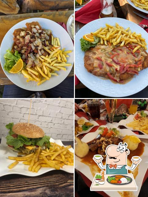 Картофель фри, гамбургер и гребешки в "Gasthaus & Pension Schumbert"