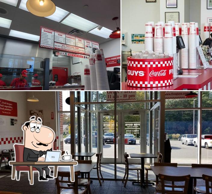 Among different things one can find interior and beverage at Five Guys