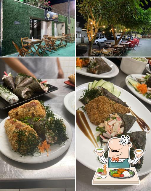 Esta é a ilustração mostrando comida e interior no Jardins Sushi